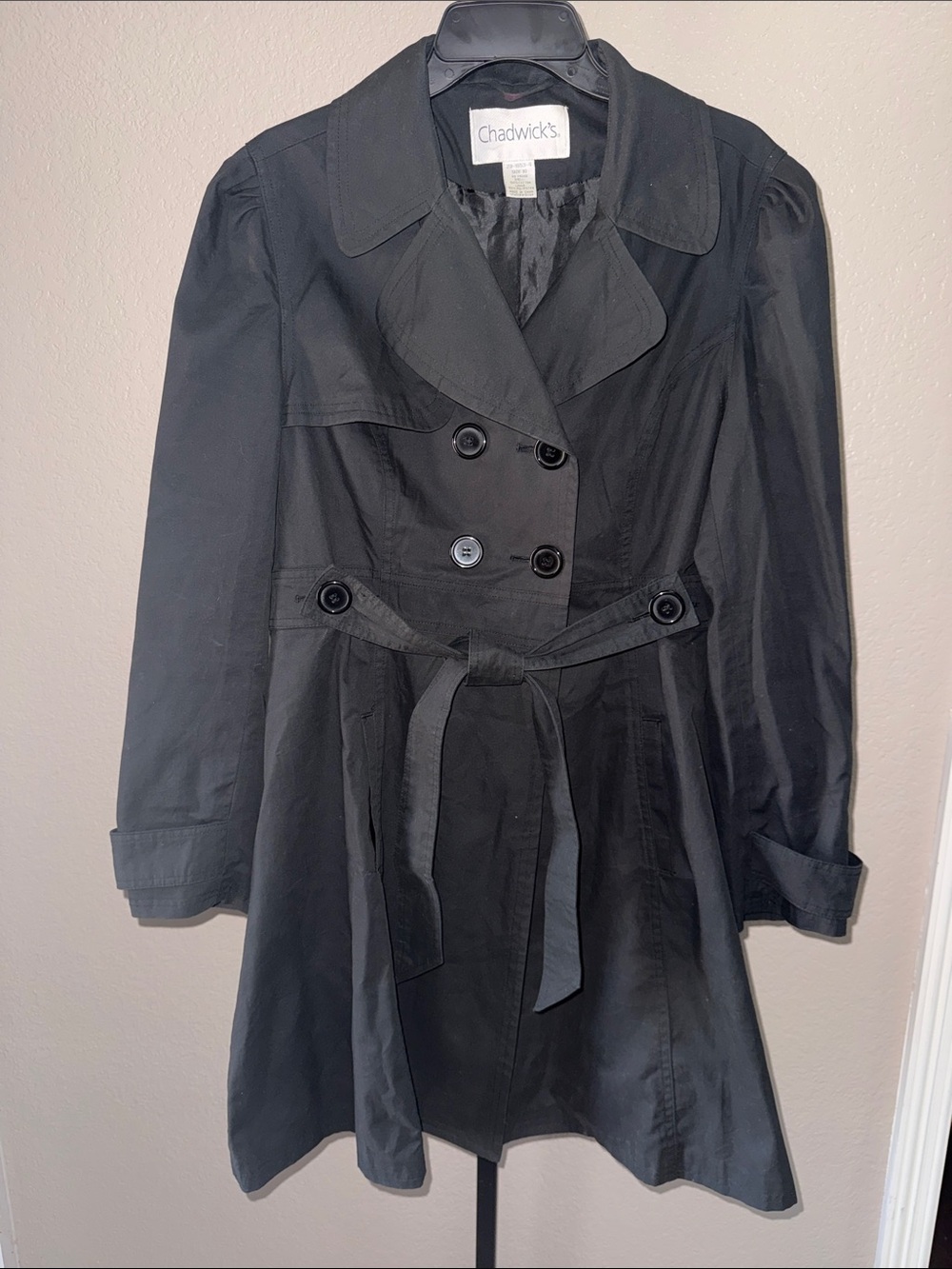 Chadwicks Black Double-Breasted Belted Trench Coat size 10